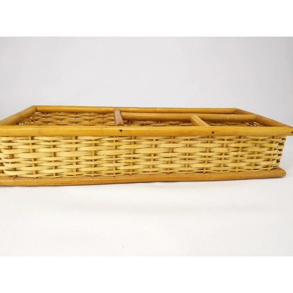 vtg Rattan Utility Tray Tan Woven Wicker 3-Compartment Organizer Desk Bedroom